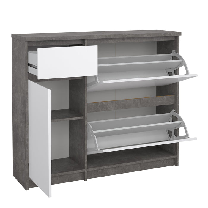 Naia Shoe Cabinet with 2 Flip Down Doors 1 Door and 1 Drawer in Concrete and White High Gloss