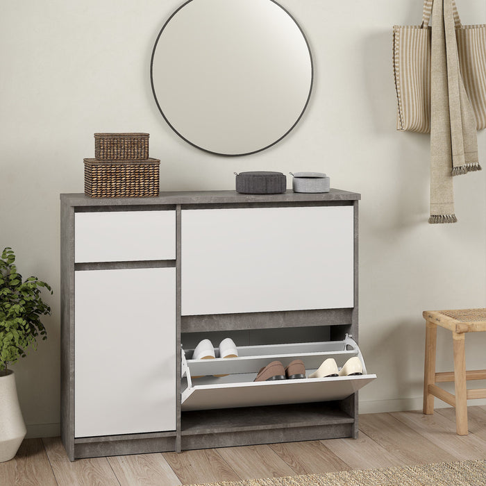 Naia Shoe Cabinet with 2 Flip Down Doors 1 Door and 1 Drawer in Concrete and White High Gloss