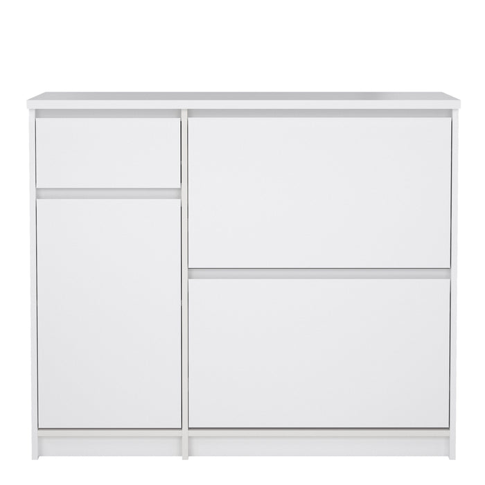 Naia Shoe Cabinet with 2 Flip Down Doors 1 Door and 1 Drawer in White High Gloss