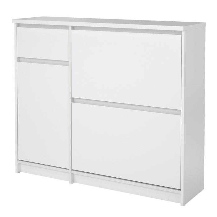 Naia Shoe Cabinet with 2 Flip Down Doors 1 Door and 1 Drawer in White High Gloss
