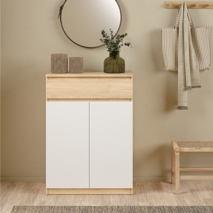 Naia Shoe Cabinet with 2 Doors 1 Drawer in Jackson Hickory Oak and White