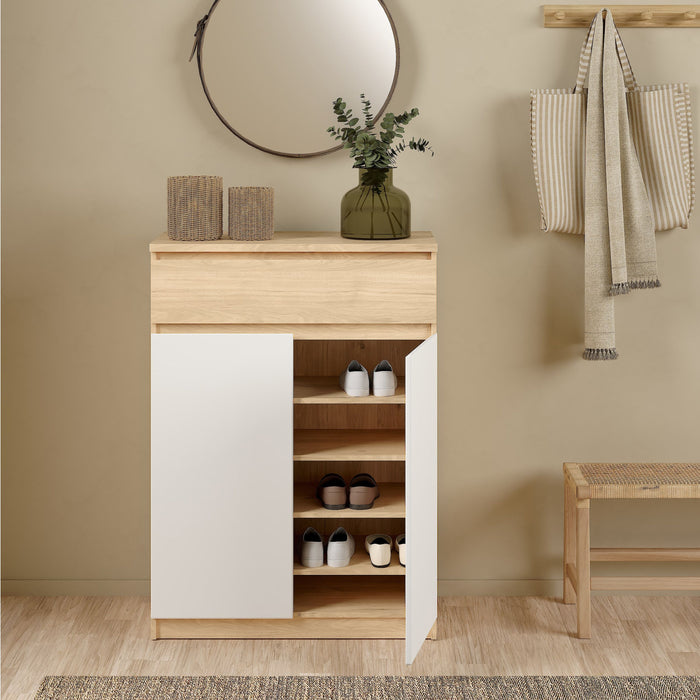 Naia Shoe Cabinet with 2 Doors 1 Drawer in Jackson Hickory Oak and White