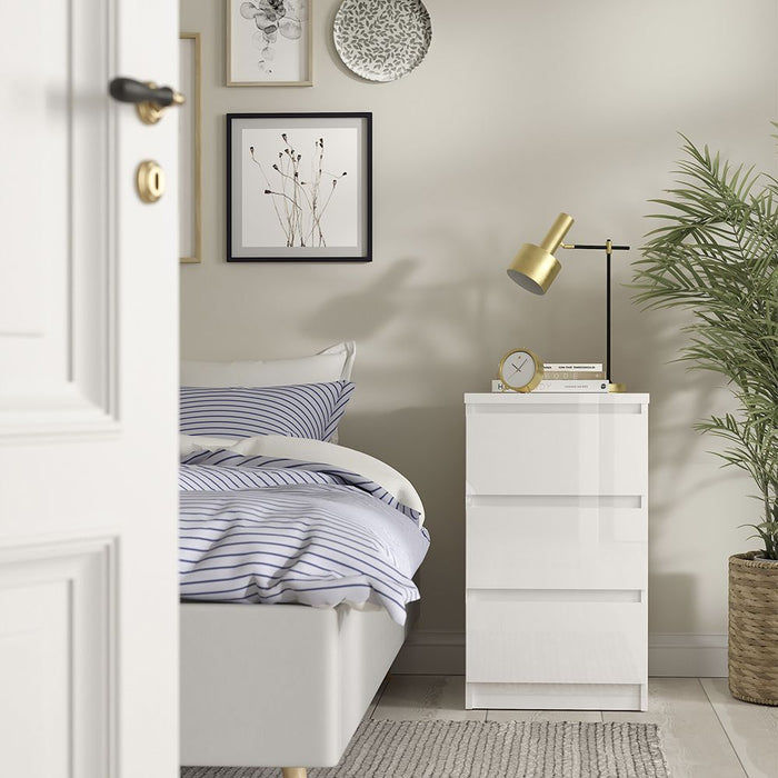 Naia Package - Bedside 3 Drawers + Chest of 5 Drawers + Wardrobe with 2 doors + 1 drawer in White High Gloss