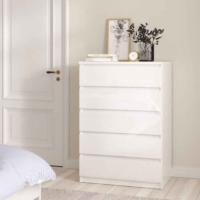 Naia Package - Bedside 3 Drawers + Chest of 5 Drawers + Wardrobe with 2 doors + 1 drawer in White High Gloss