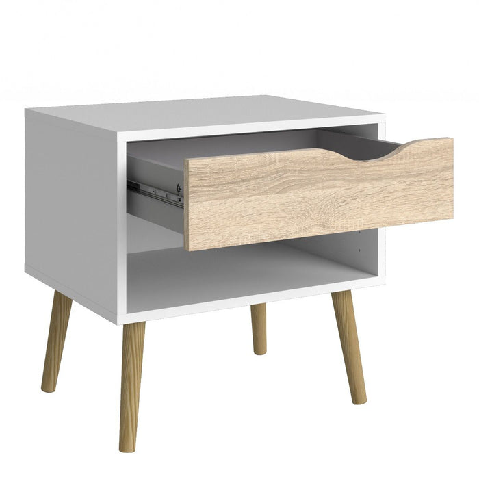 Oslo Package - Bedside 1 Drawer + Chest of 5 Drawers (2+3) + Wardrobe 2 Doors 2 Drawers in White and Oak