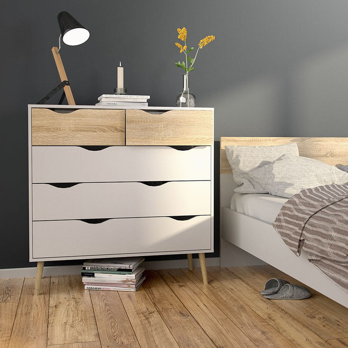 Oslo Package - Bedside 1 Drawer + Chest of 5 Drawers (2+3) + Wardrobe 2 Doors 2 Drawers in White and Oak
