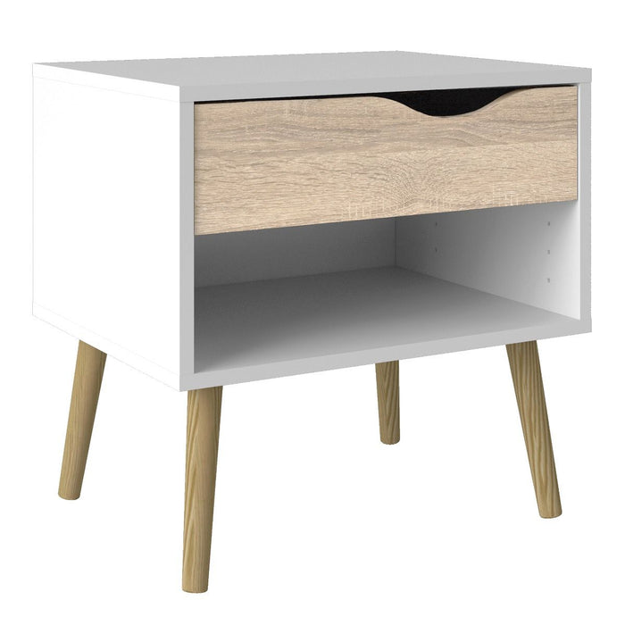 Oslo Package - Bedside 1 Drawer + Chest of 5 Drawers (2+3) + Wardrobe 3 Doors 3 Drawers in White and Oak