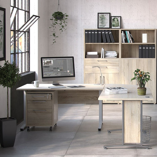Prima Desk 150cm in Oak with Height Adjustable Legs with Electric Control in White