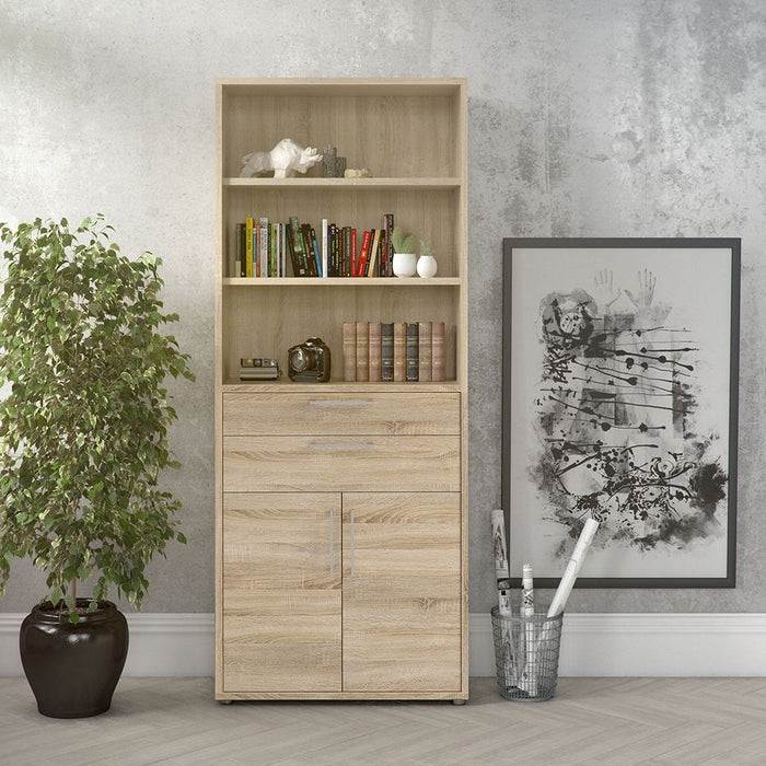 Prima Bookcase 3 Shelves with 2 Drawers 2 Doors in Oak