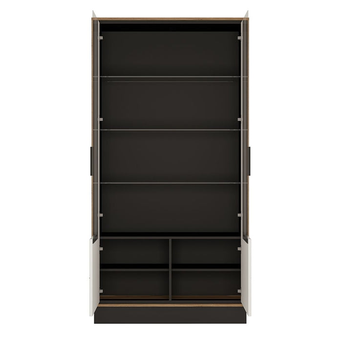 Brolo Tall Wide Glazed Display Cabinet With the Walnut and Dark Panel Finish