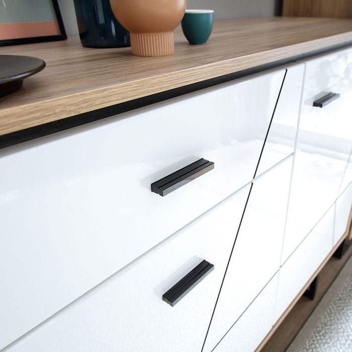 Brolo 3 Door 1 Drawer Wide Sideboard With the Walnut and Dark Panel Finish