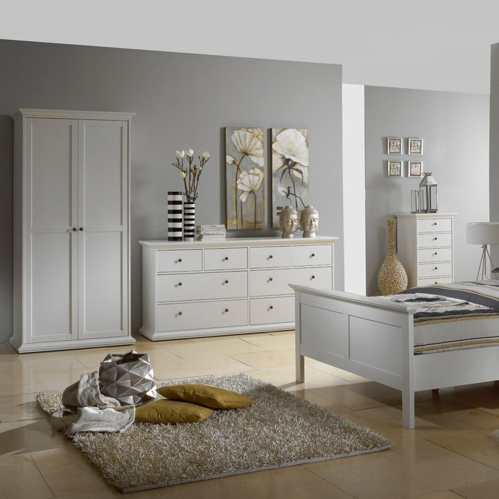 Paris Package - Bedside 2 Drawers in + Chest of 4 Drawers + Wardrobe with 2 Doors White