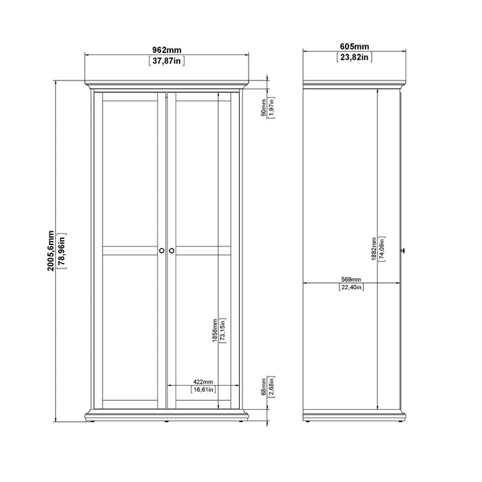 Paris Package - Bedside 2 Drawers in + Chest of 4 Drawers + Wardrobe with 2 Doors White