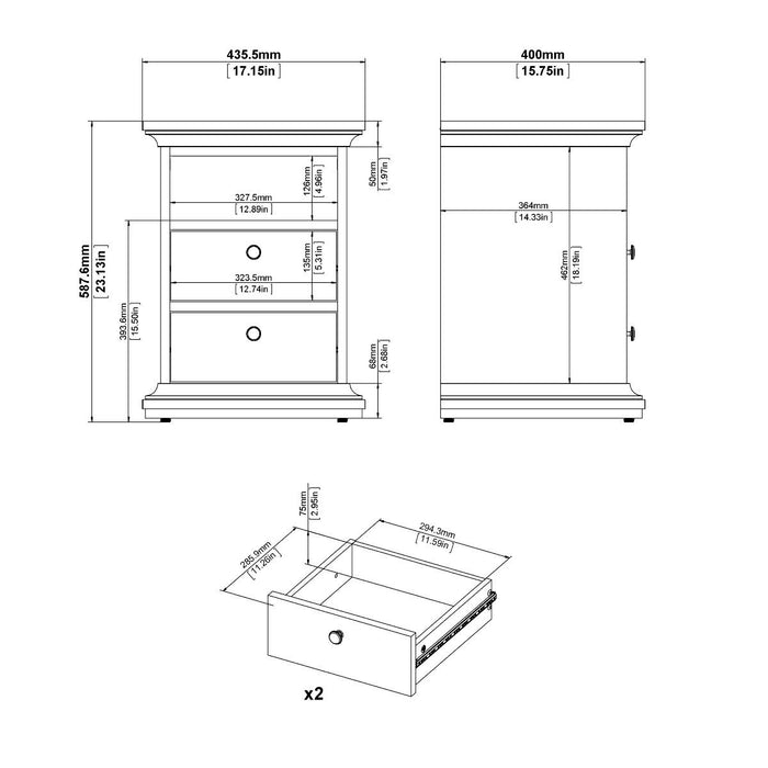 Paris Package - Bedside 2 Drawers in + Chest of 4 Drawers + Wardrobe with 2 Doors White