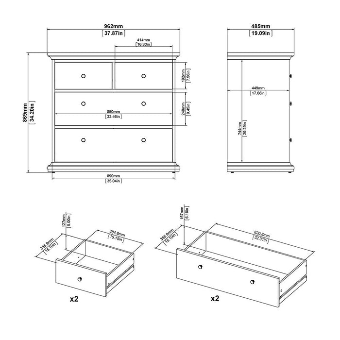 Paris Package - Bedside 2 Drawers in + Chest of 4 Drawers + Wardrobe with 2 Doors White