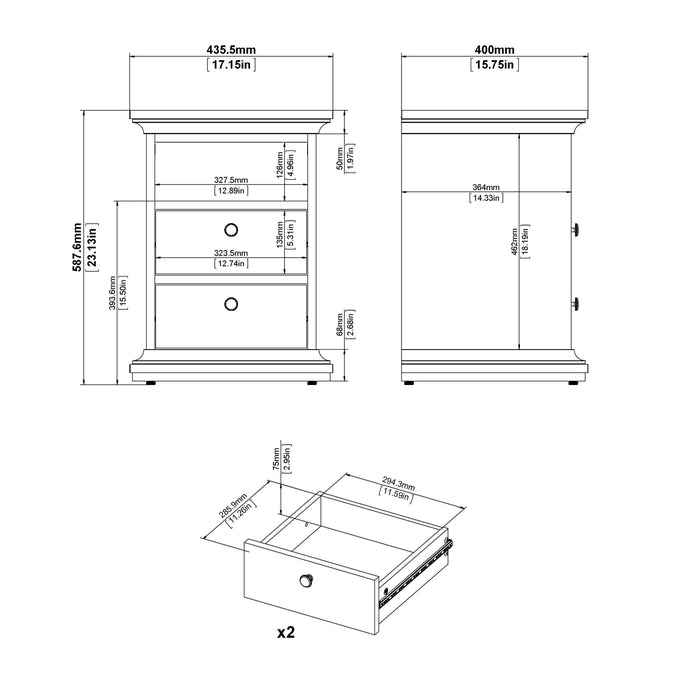 Paris Bedside 2 Drawers in White