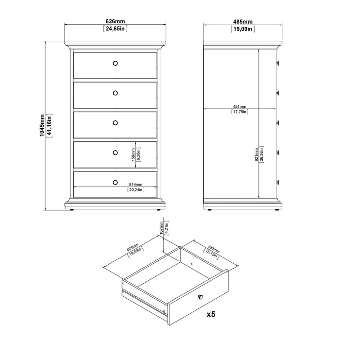 Paris Chest 5 Drawers in White