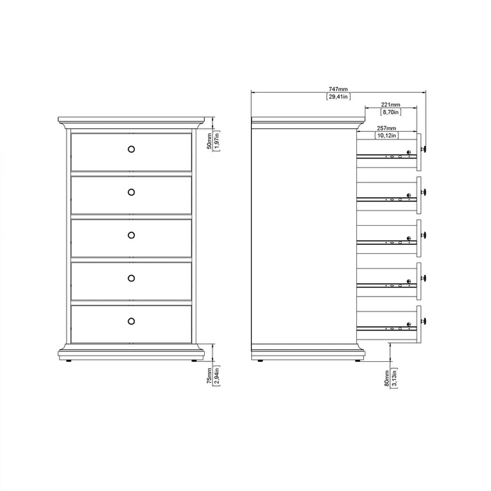 Paris Chest 5 Drawers in Matt Grey