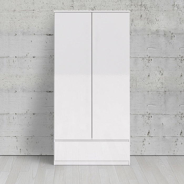 Naia Wardrobe with 2 Doors 1 Drawer in White High Gloss