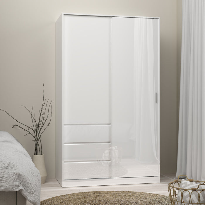 Naia Wardrobe with 1 Sliding Door 1 Door 3 Drawers in White High Gloss