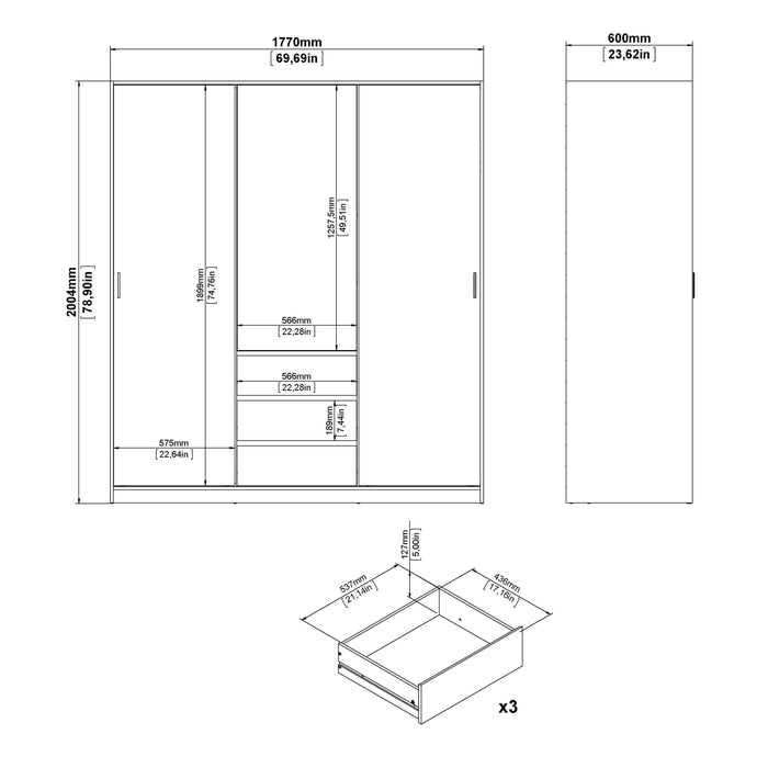 Naia Wardrobe with 2 Sliding Doors 1 Door 3 Drawers in White High Gloss