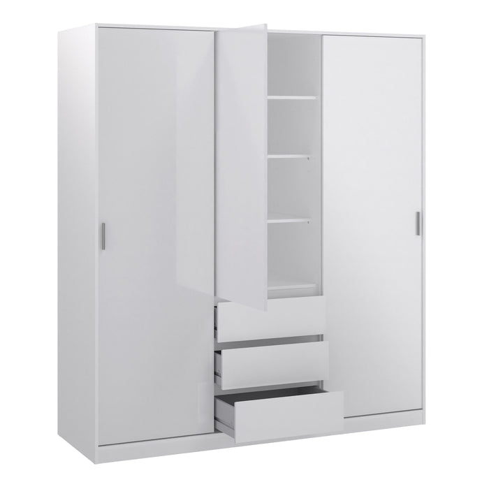 Naia Wardrobe with 2 Sliding Doors 1 Door 3 Drawers in White High Gloss