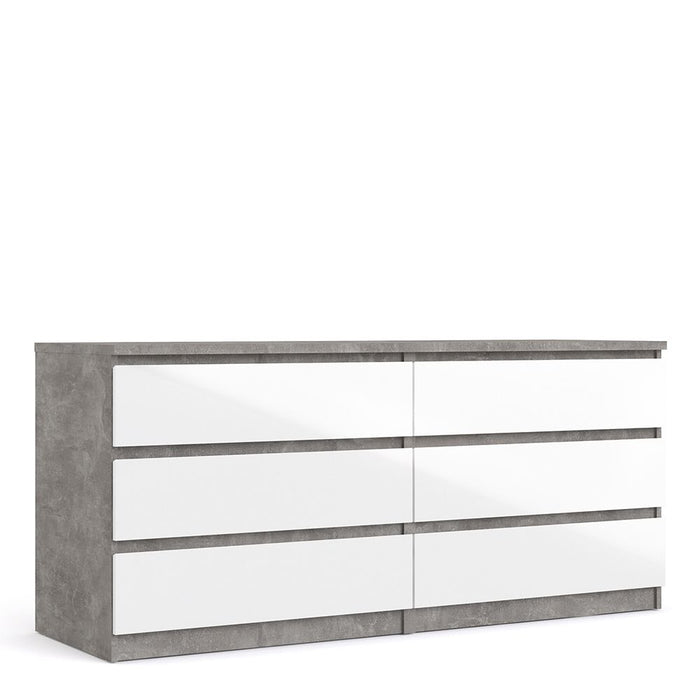 Naia Wide Chest of 6 Drawers (3+3) in Concrete and White High Gloss