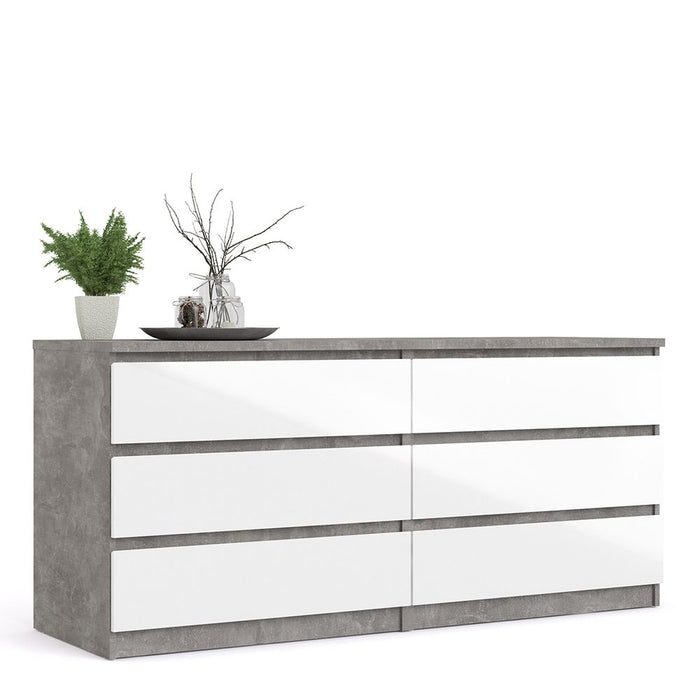 Naia Wide Chest of 6 Drawers (3+3) in Concrete and White High Gloss