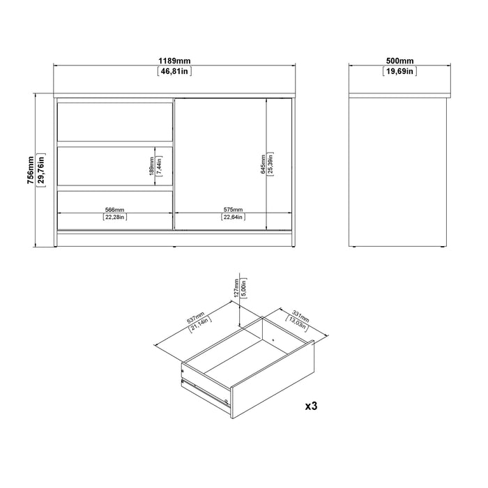 Naia Storage Unit with 1 Sliding Door and 3 Drawers in White High Gloss