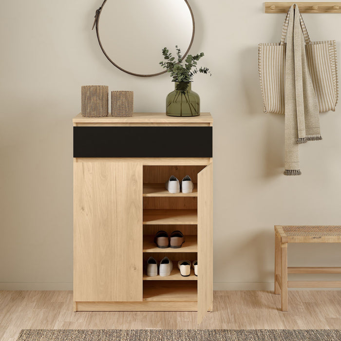 Naia Shoe Cabinet with 2 Doors 1 Drawer in Jackson Hickory Oak and Black