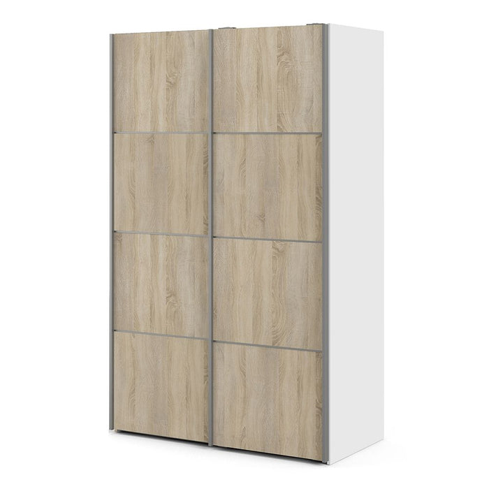 Verona Sliding Wardrobe 120cm in White with Oak Doors with 5 Shelves