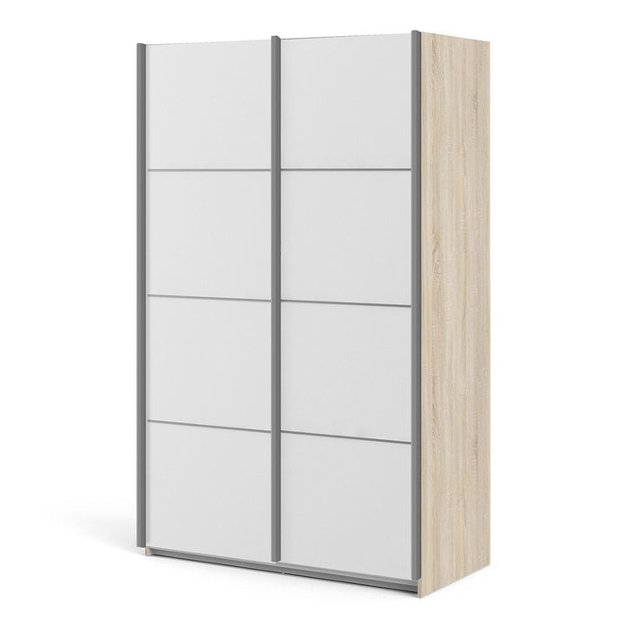 Verona Sliding Wardrobe 120cm in Oak with White Doors with 5 Shelves