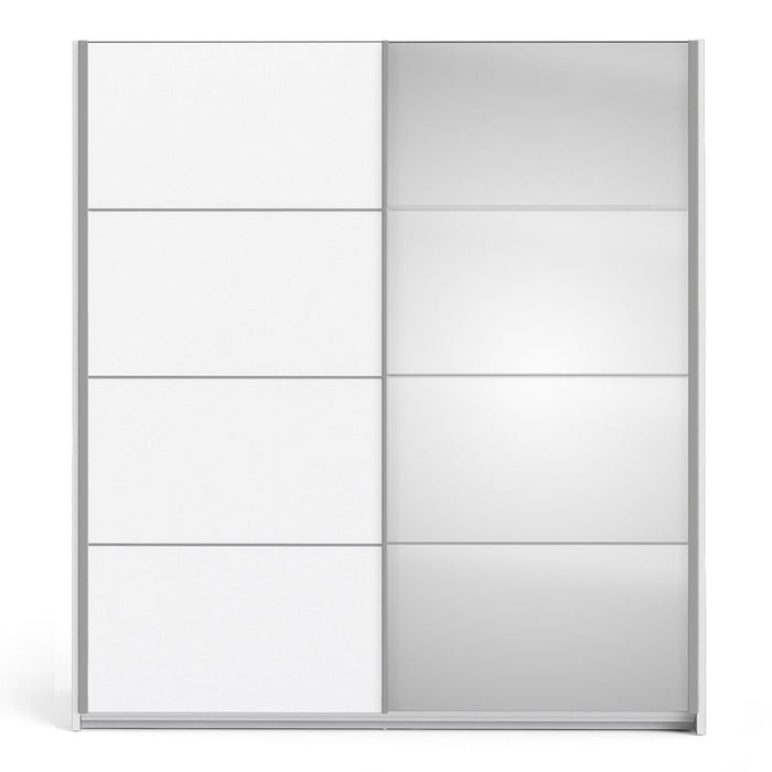 Verona Sliding Wardrobe 180cm in White with White and Mirror Doors with 2 Shelves