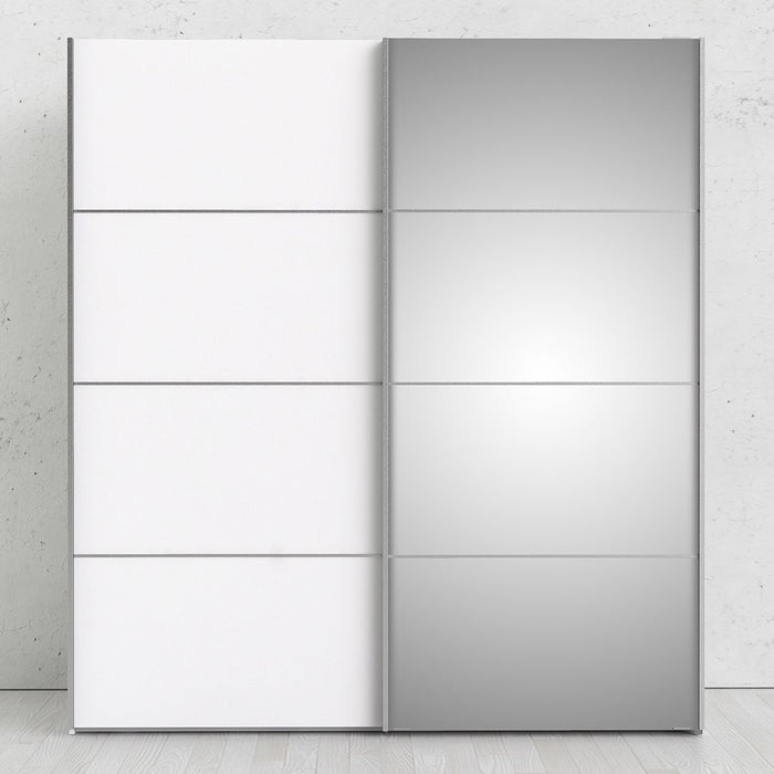 Verona Sliding Wardrobe 180cm in White with White and Mirror Doors with 2 Shelves