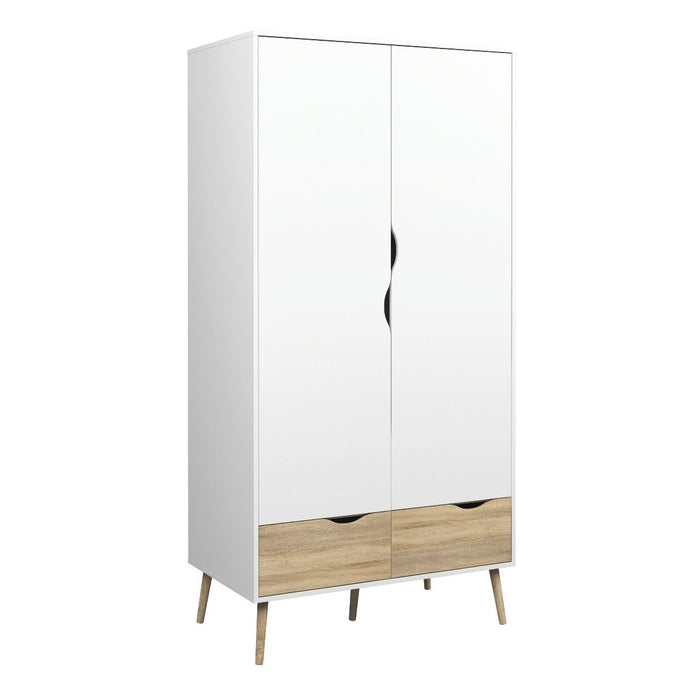 Oslo Package - Bedside 1 Drawer + Chest of 5 Drawers (2+3) + Wardrobe 2 Doors 2 Drawers in White and Oak