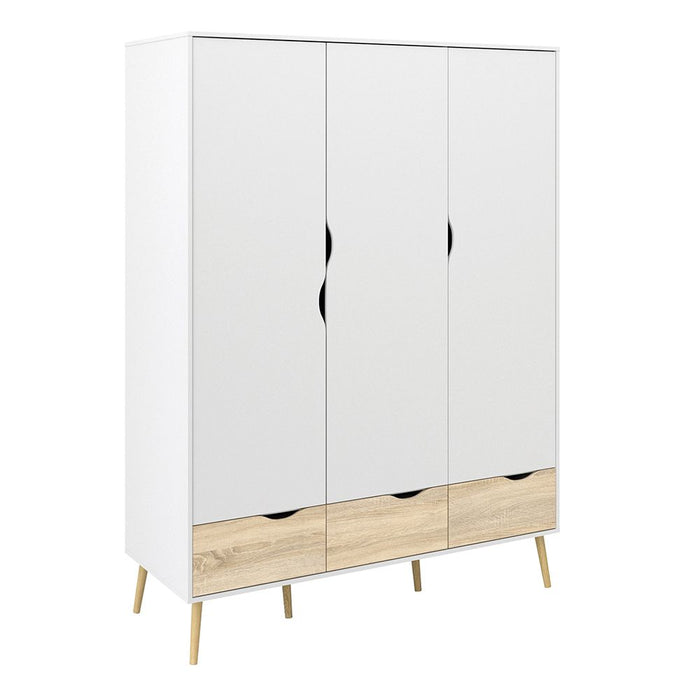 Oslo Package - Bedside 1 Drawer + Chest of 5 Drawers (2+3) + Wardrobe 3 Doors 3 Drawers in White and Oak