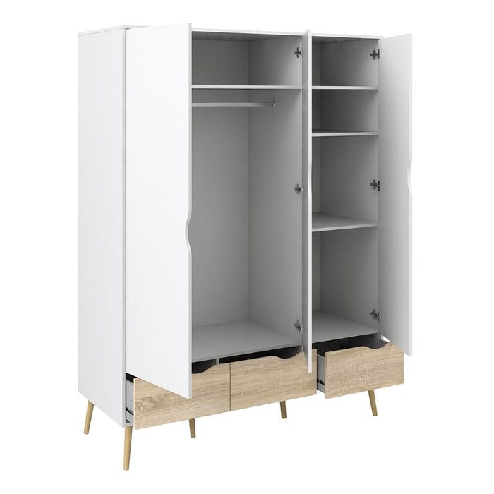 Oslo Package - Bedside 1 Drawer + Chest of 5 Drawers (2+3) + Wardrobe 3 Doors 3 Drawers in White and Oak