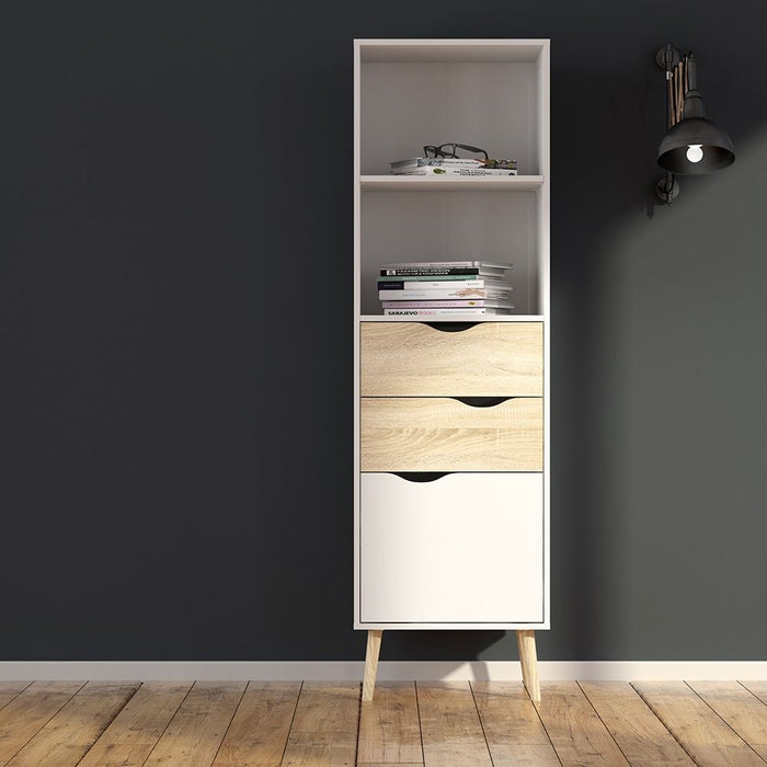 Oslo Bookcase 2 Drawers 1 Door in White and Oak