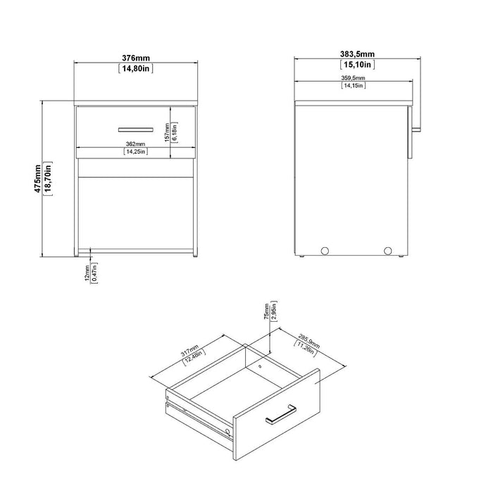 Space Package - Bedside 1 Drawer + Chest of 3 Drawers + Wardrobe with 2 doors + 1 drawer in White