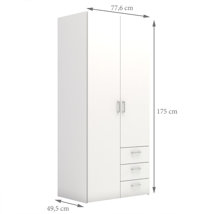 Space Wardrobe 2 Doors 3 Drawers White 1750