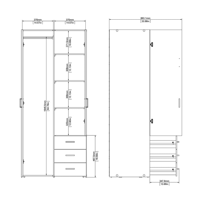 Space Wardrobe 2 Doors 3 Drawers White 1750