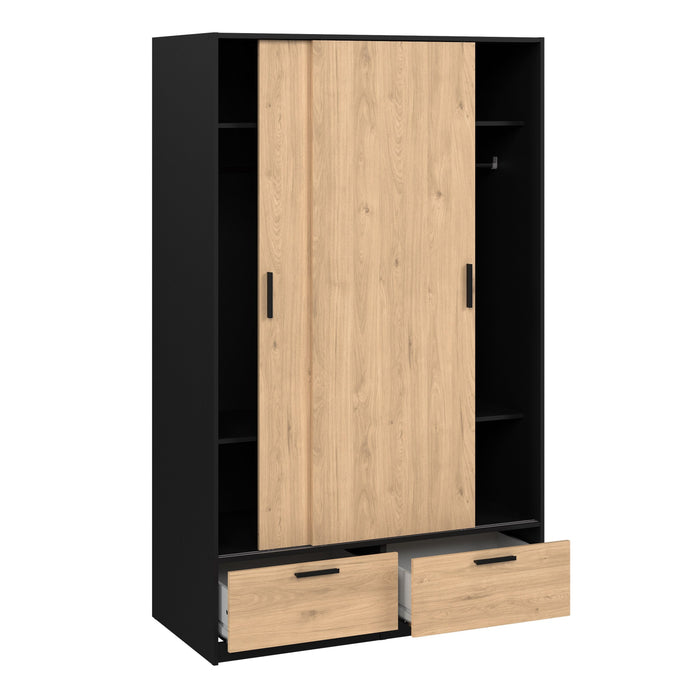 Line Wardrobe with 2 Doors 2 Drawers in Black and Jackson Hickory Oak