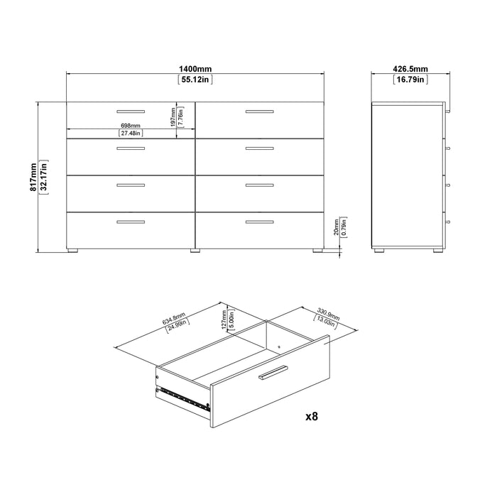 Pepe Wide Chest of 8 Drawers in White Woodgrain