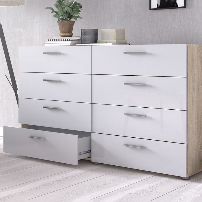 Pepe Wide Chest of 8 Drawers in Oak with White High Gloss