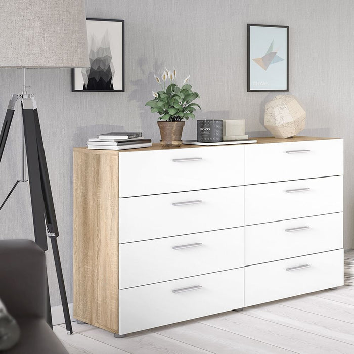 Pepe Wide Chest of 8 Drawers in Oak with White High Gloss