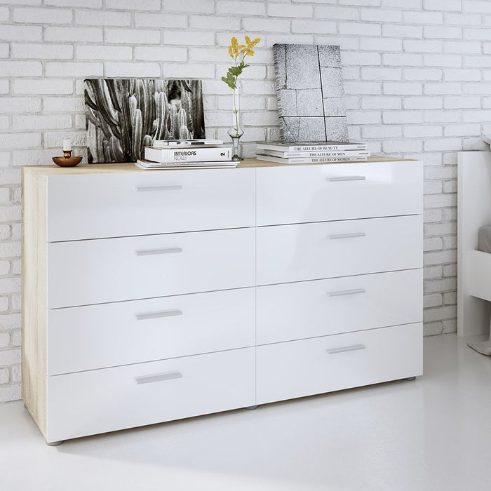 Pepe Wide Chest of 8 Drawers in Oak with White High Gloss