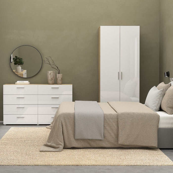 Pepe Package - Bedside 2 Drawers + Chest of 4 Drawers + Wardrobe with 2 doors in Oak with White High Gloss