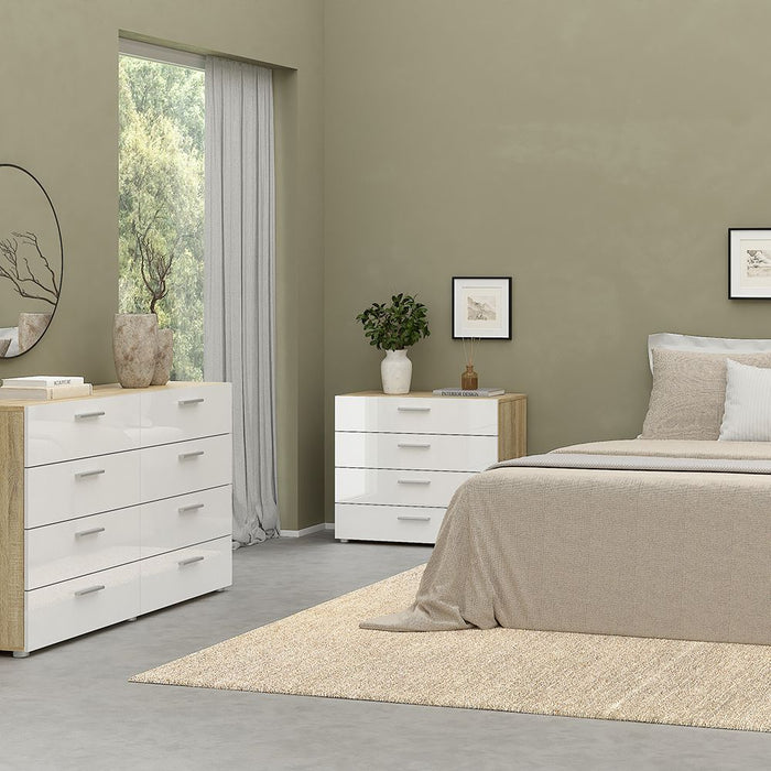 Pepe Package - Bedside 2 Drawers + Chest of 4 Drawers + Wardrobe with 2 doors in Oak with White High Gloss