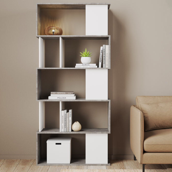 Maze Open Bookcase 4 Shelves in Concrete and White