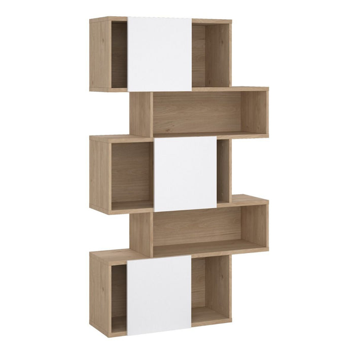 Maze Asymmetrical Bookcase with 3 Doors in Jackson Hickory and White High Gloss